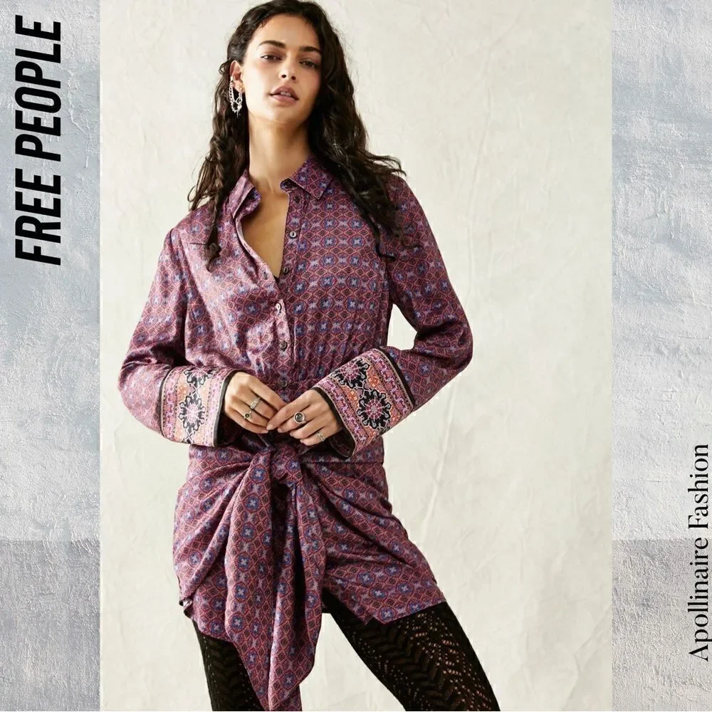 FREE PEOPLE SILKY RILLO SHIRTDRESS PLUM PURPLE COMBO NWT XS - Picture 1 of 6